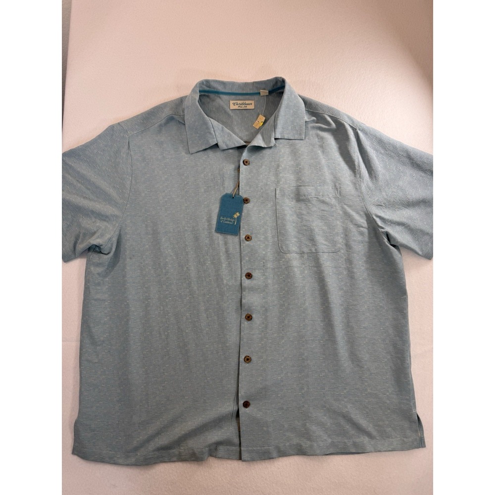 Caribbean Pure Silk Mens Button Down Shirt 2XB 2XL Big Heathered Blue Beach NWT